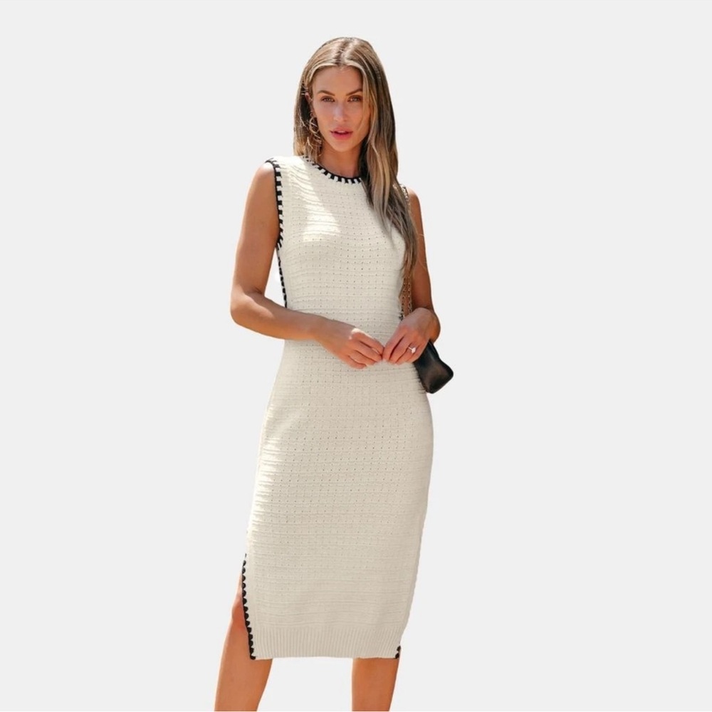Women's Contrast Trim Bodycon Midi Dress - Cupshe-S-White - Picture 2 of 7